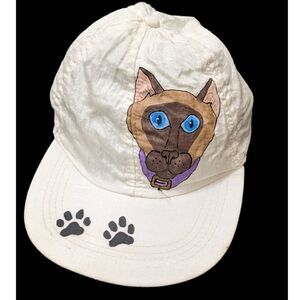 Siamese Cat Hand Painted Nylon Stretch‎ Back Hat Cap Vintage 90s FREE Shipping